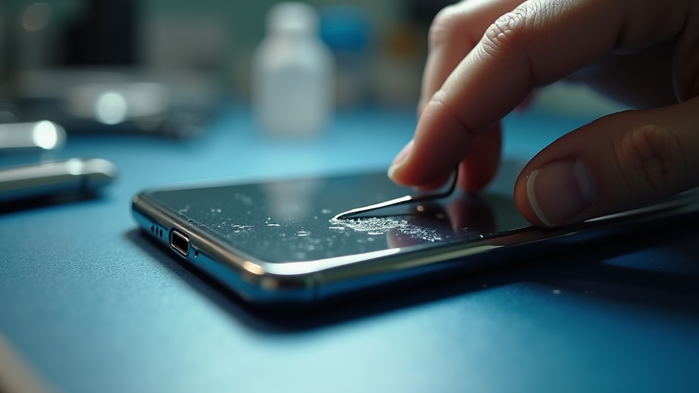 Close-up view of a Samsung phone screen being repaired
