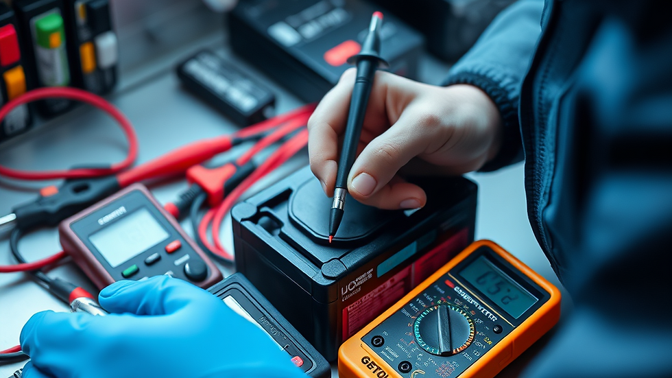 Person in gloves testing electronic devices with multimeter on a cluttered desk, focused and precise. Bright digital display, wires visible.