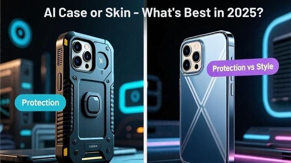 Split image of two phone cases: rugged black case labeled "Protection" and sleek silver case labeled "Protection vs Style" with techy background.