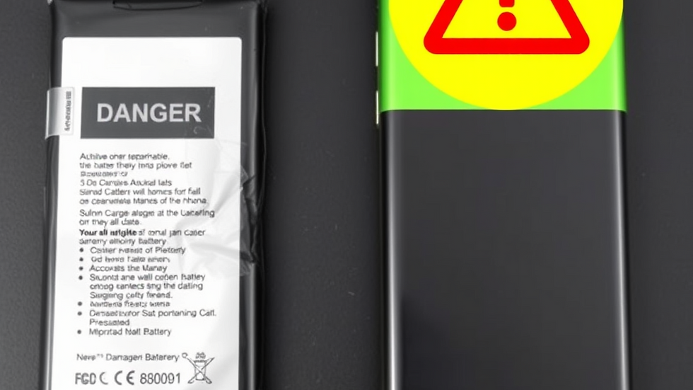 Battery with "Danger" label and swollen phone. Yellow-red warning sign. Text: "Danger ā Battery Swelling." Dark background.