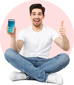 Happy man shows new SANSKART mobile phone