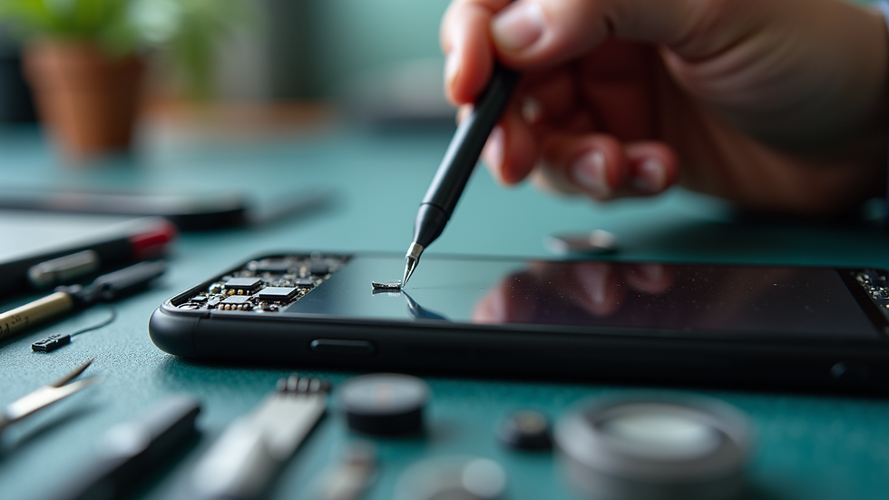 Close-up view of a smartphone display showing repair tools and parts