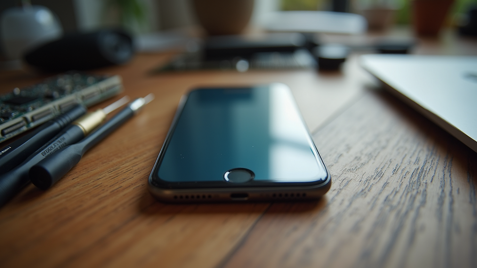 Eye-level view of a smartphone on a wooden table with repair tools nearby