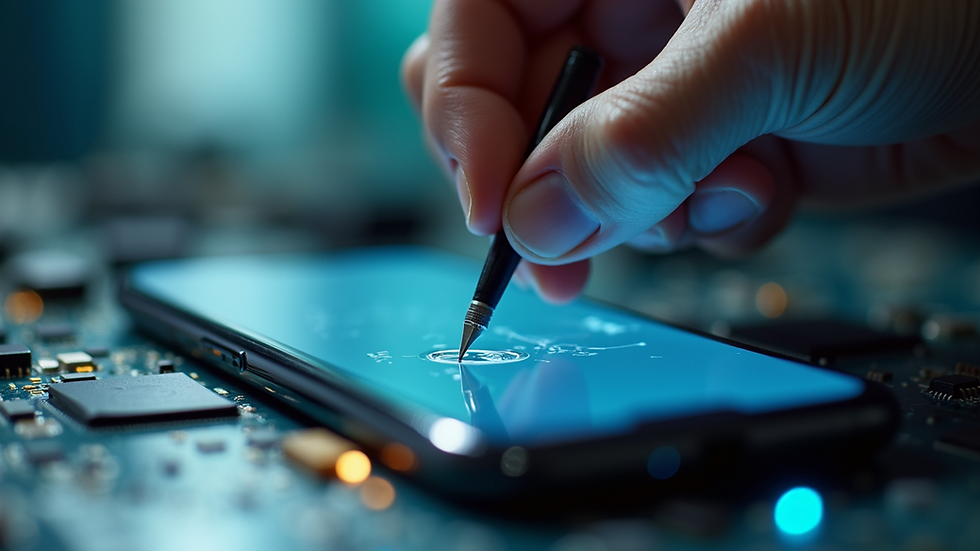 Close-up view of a technician repairing a smartphone screen