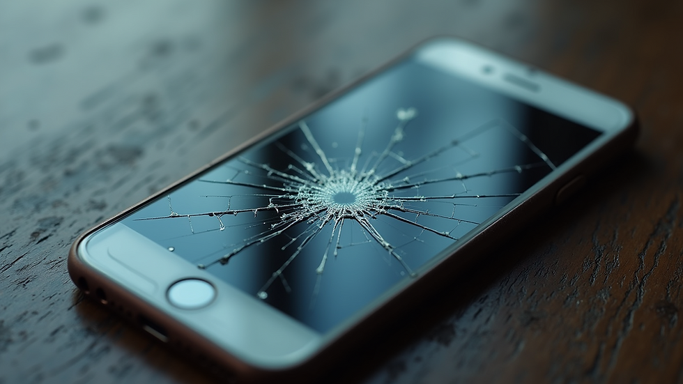 Close-up view of a cracked cellphone screen