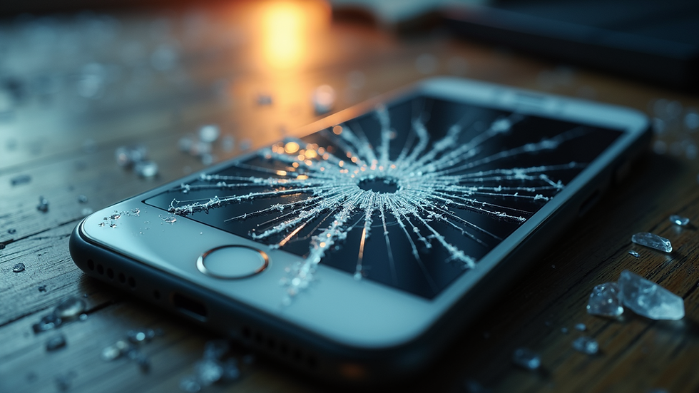 Close-up view of cracked smartphone screen with visible damage