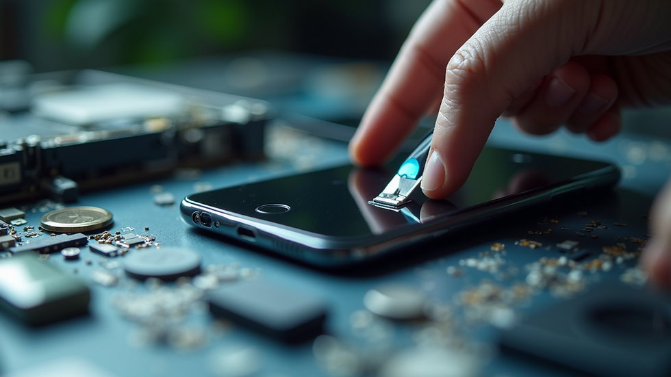 Close-up view of a smartphone screen being replaced on a repair table