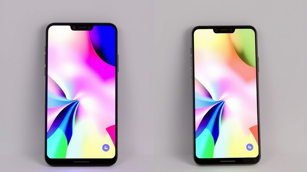 Two smartphones side by side on a gray background, showing colorful abstract screens. Text below reads "Original" and "Fake Display."