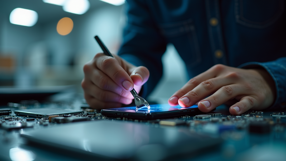 Eye-level view of a mobile repair technician working on a smartphone