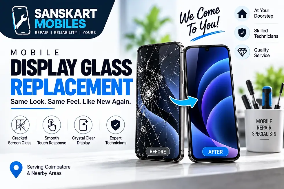 Angled view of a repaired smartphone with new glass and a clear display