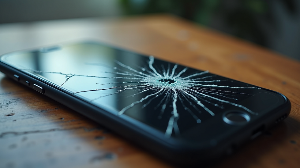 Close-up view of a smartphone with a cracked screen