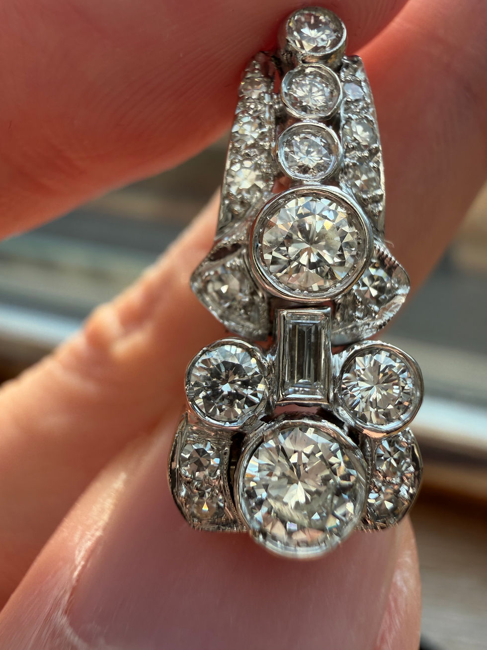 Thumbnail: Rare Art Deco Diamond Earrings with Baguette Cut and Transitional Cut Diamonds