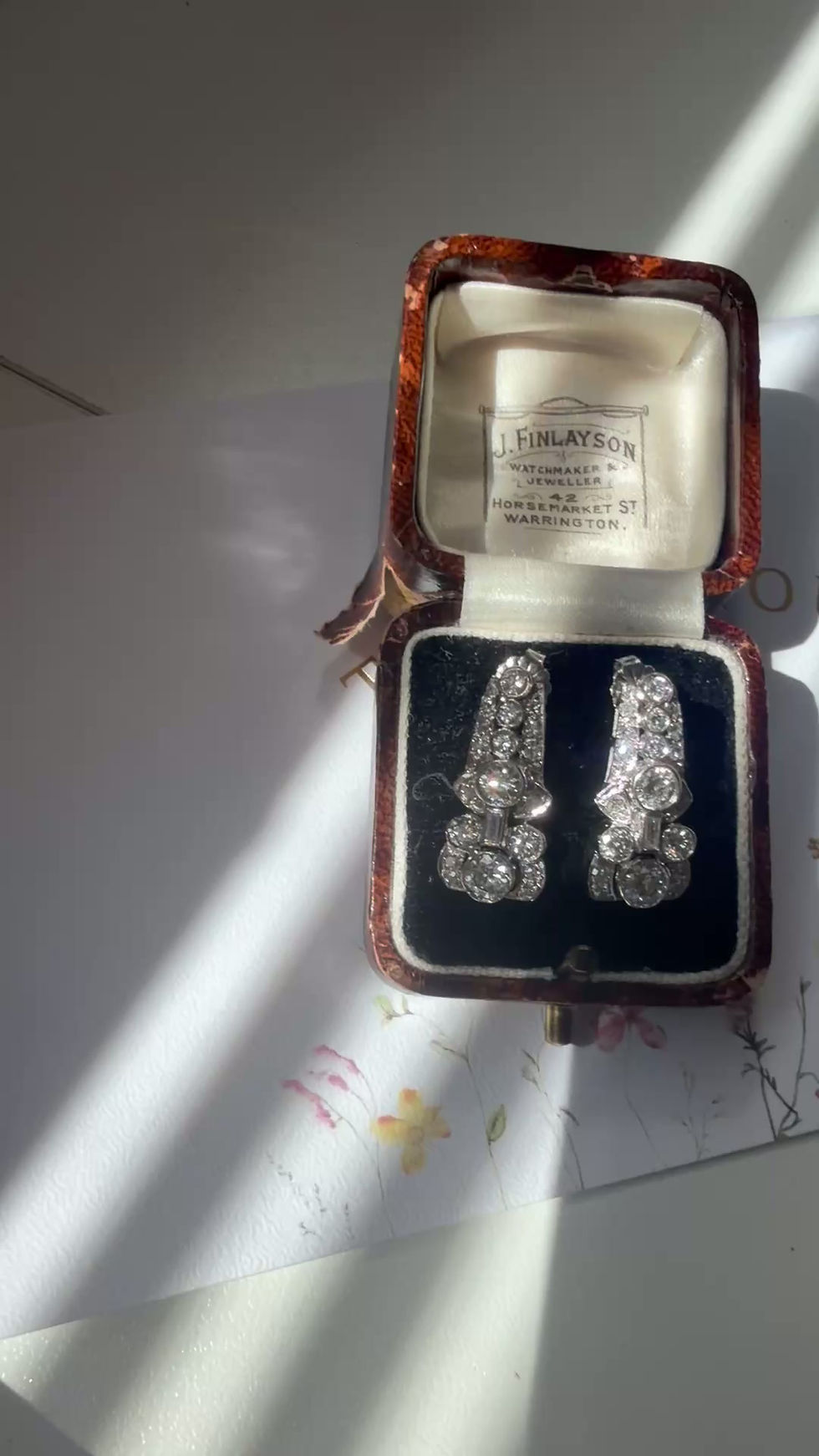 Thumbnail: Rare Art Deco Diamond Earrings with Baguette Cut and Transitional Cut Diamonds