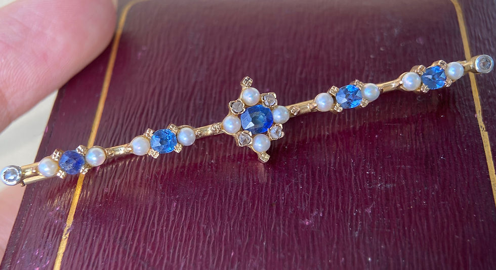 Thumbnail: French Art Nouveau Sapphire, Pearl & Diamond Bar Brooch