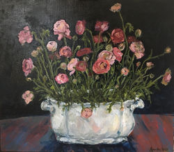 Pink Ranunculus flowers in a white pot (Oil on linen 80x70)
