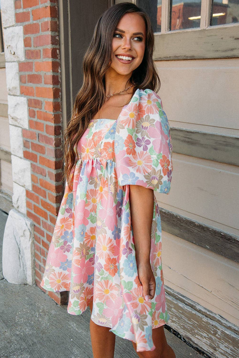 Thumbnail: Women's Summer Floral Square Neck Puff Sleeve Babydoll Dress