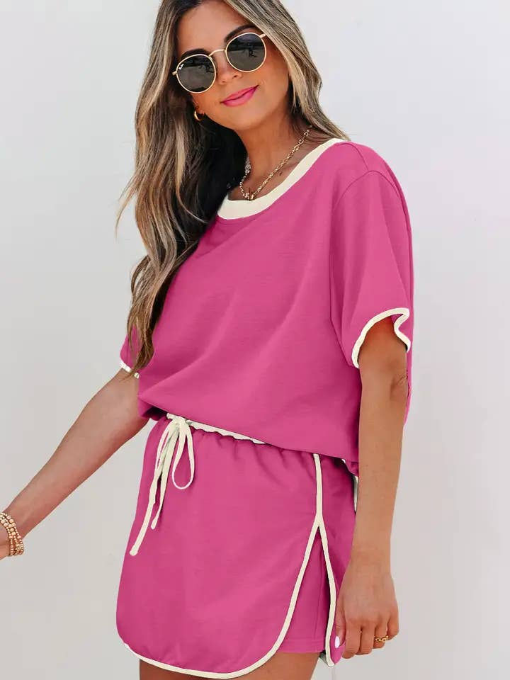 Thumbnail: Bonbon Colorblock Edge Drop Shoulder T Shirt and Skort 2Pcs Set