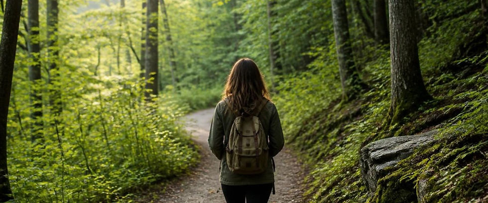 persona de espaldas caminando por un sendero de bosque con luz suave de mañana.