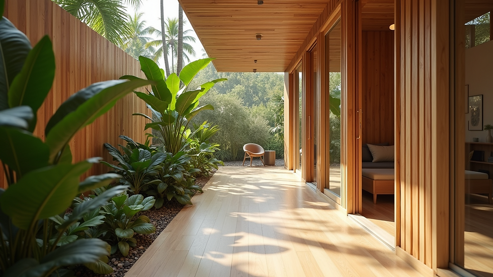 High angle view of tropical-inspired architectural interior with wooden elements