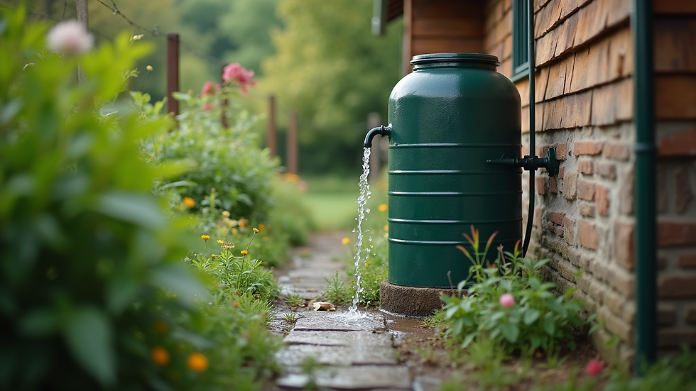 Close-up view of rainwater harvesting system in a garden