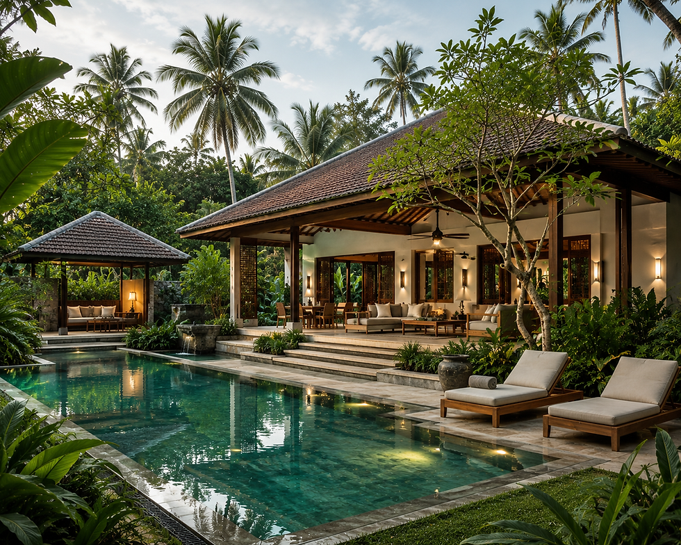 A stunning tropical home surrounded by lush landscape