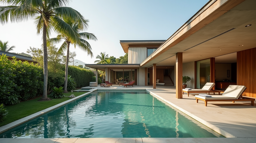 Wide angle view of a beautifully designed tropical modernism home