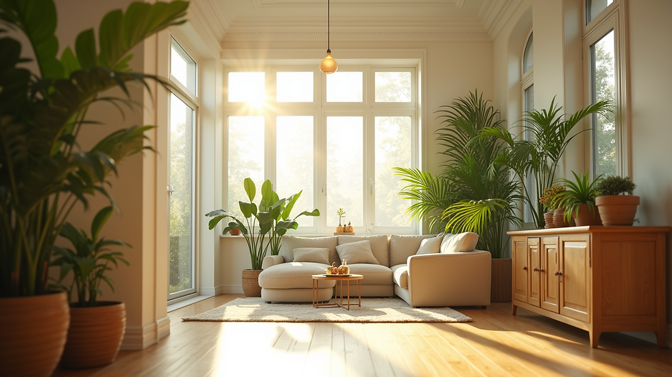 Eye-level view of a sunlit room with large windows and tropical plants