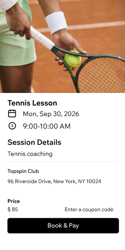 Tennis lesson booking page showing a player holding a racket and ball, with session details, date, location and an $85 Book & Pay option