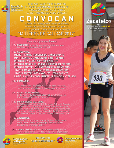 CONVOCA GOBIERNO MUNICIPAL DE ZACATELCO A PARTICIPAR EN LA CARRERA  “MUJERES DE CALIDAD 2017”