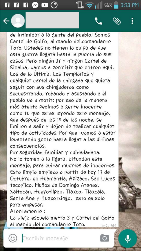 INQUIETA TRANQUILIDAD DE CIUDADANOS  RECIBIR MENSAJES DE TEXTO Y AUDIOS 
ANUNCIANDO INVASIÓN DE UN C