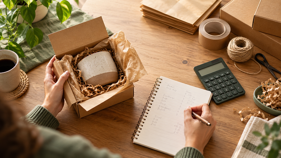 An ecommerce business owner making notes at a desk while packing an order