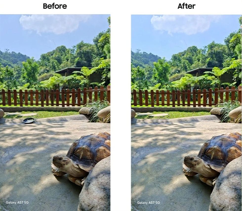 Hapus objek yang mengganggu di latar belakang foto secara instan menggunakan fitur Edit Suggestion dan Object Eraser di Galaxy A57 5G untuk hasil jepretan yang lebih bersih.