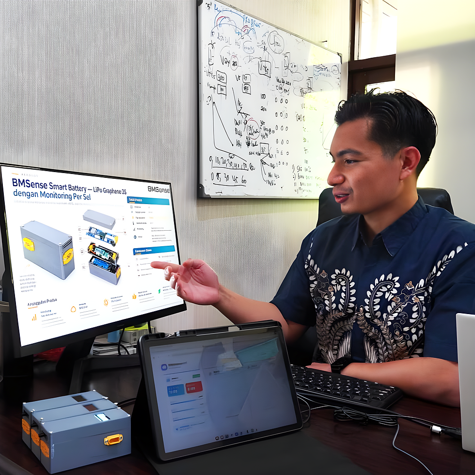 Ketua Tim Peneliti BM-Sense ITS Grasianto SPd MSc PhD menjelaskan detail komponen dan keunggulan BMSense Smart Battery.