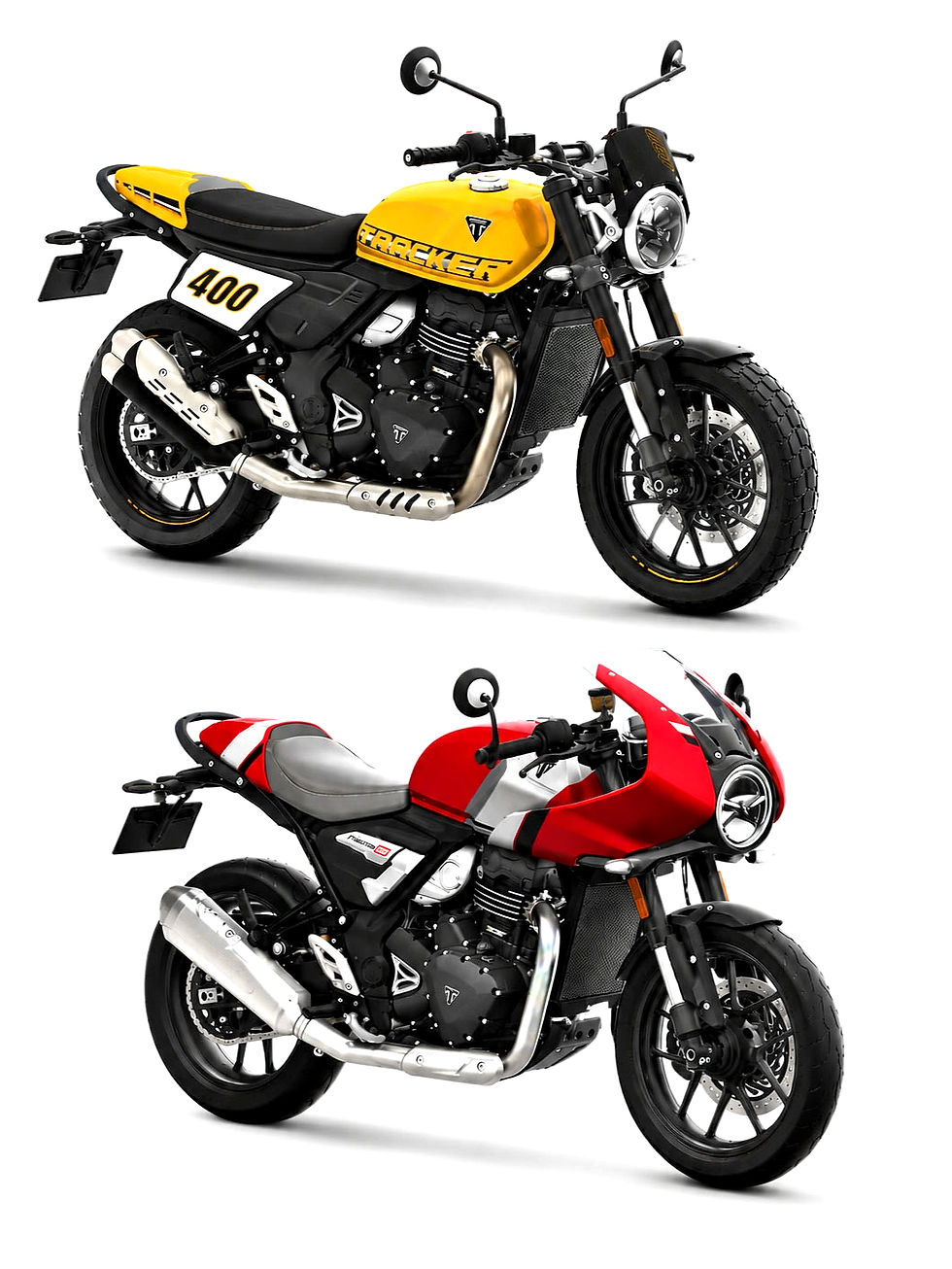 Tracker 400 (atas) Thruxton 400 adalah anggota terbaru keluarga Triumph 400 yang telah diperkenalkan secara global dan belum dipasarkan di Indonesia.