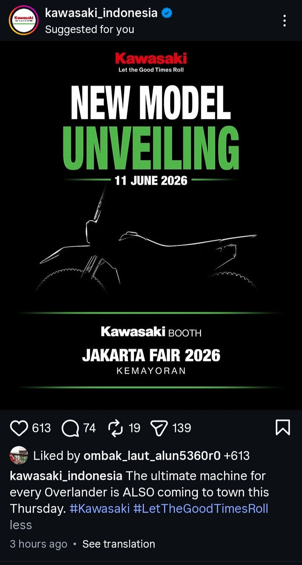 Kata "overlander" pada Caption: The ultimate machine for every Overlander is ALSO coming to town this Thursday menjadi petunjuk penelusuran motor yang akan dilaunching.