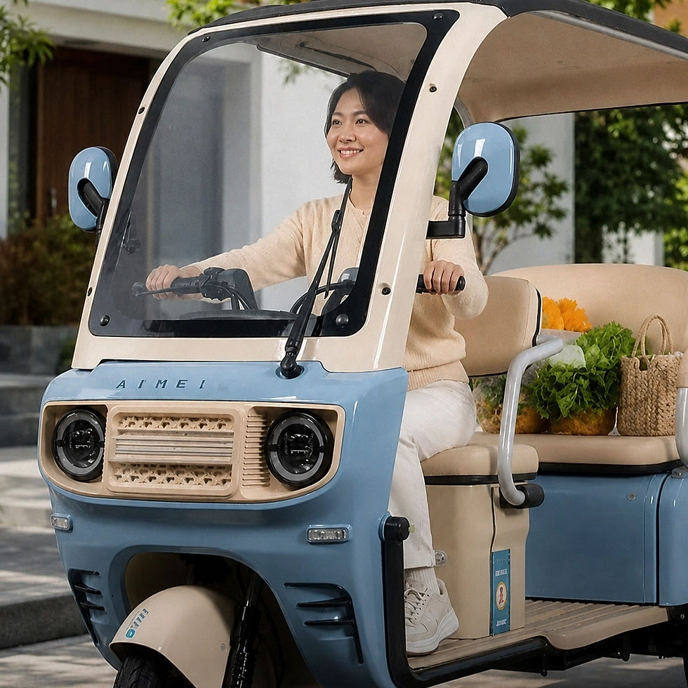 Menariknya, pada bagian depan Electric Tricycle yang ada di halaman utama situs resmi GODA Indonesia, tepat di atas kisi-kisi dan di antara kedua lampu utama, terlihat sebuah emblem dengan lima karakter yang secara visual tampak menyerupai tulisan “AIMEI”. 