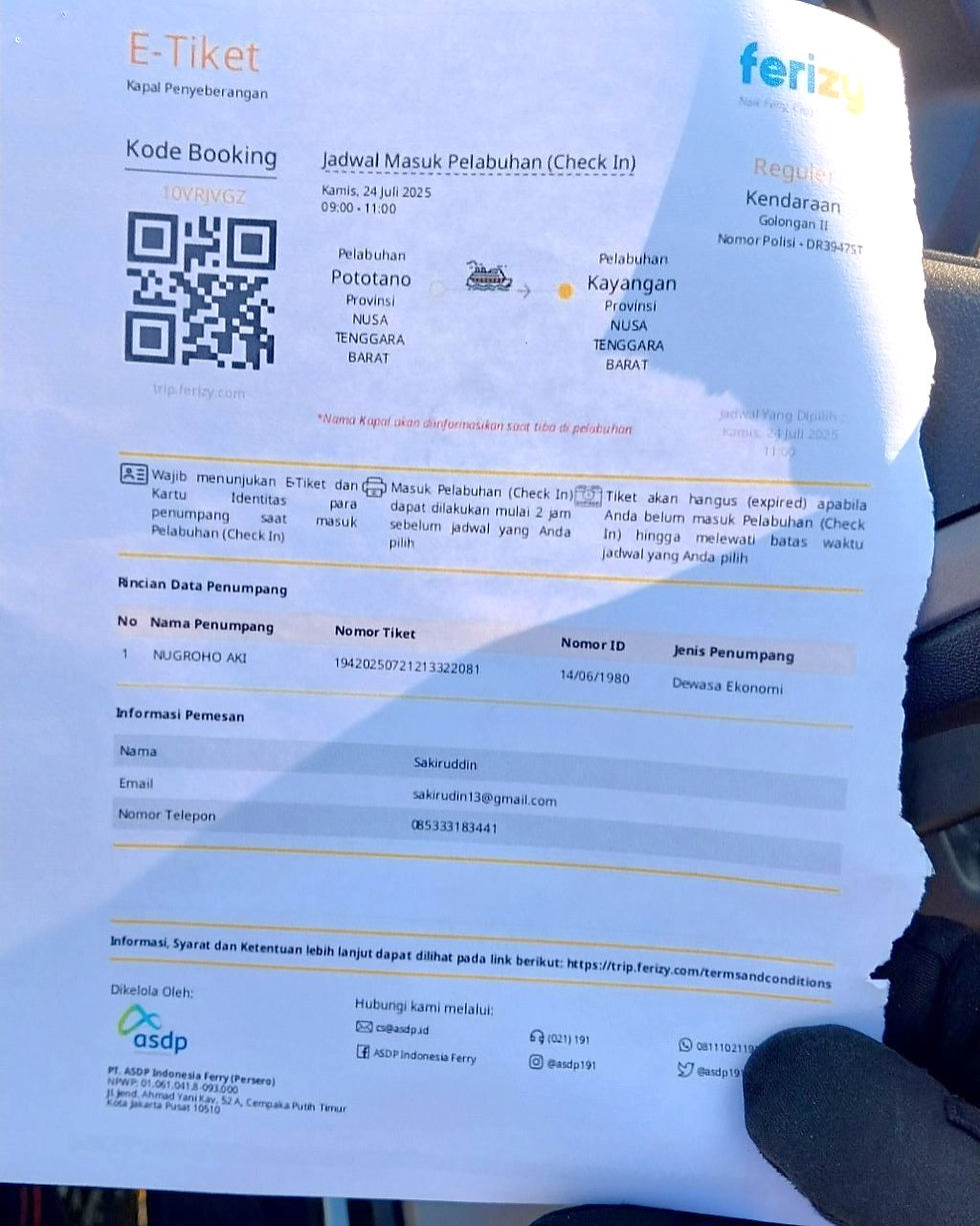 Tarif penyeberangannya Rp75.000/motor (kelas II seperti NMAX).