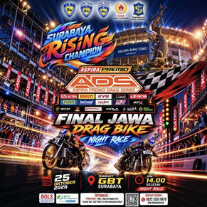 Aspira Premio Drag Series (ADS) 2026 Sirkuit GBT Surabaya – Final Jawa Drag Bike Night Race turut didukung KONI Kota Surabaya, IMI Jawa Timur, IMI Pengcab Surabaya, serta Pemerintah Kota Surabaya melalui program Surabaya Rising Champion.