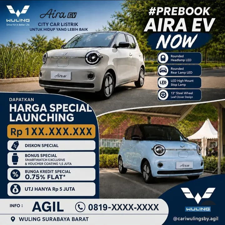 Salah satu tenaga penjual Wuling di Surabaya mulai mengunggah flyer pre-booking Aira EV yang mengindikasikan harga mulai Rp1XX jutaan. Namun, Wuling Motors Indonesia masih belum mengumumkan banderol resminya.