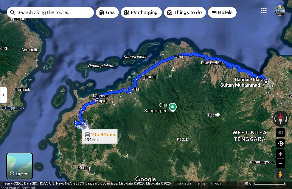 Rute Sumbawa Besar-Bukit Mantar sejauh 104 kilometer.