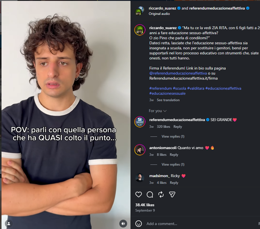 Collaborations such as this Instagram reel - a light-hearted sketch featuring actor and content creator Riccardo Suarez - gathered tens of thousands of likes.