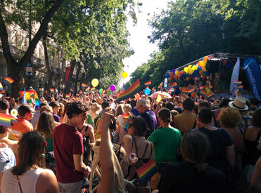 People gather in the streets for an earlier edition of Budapest Pride.