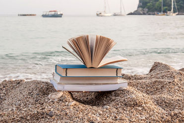 Books piled up on a beach