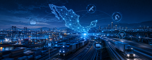 Ilustración futurista del mapa digital de México conectado por redes logísticas y tecnológicas sobre un paisaje nocturno con puerto marítimo, tren de carga, autopista y tráiler, simbolizando la transformación del transporte, la automatización y la infraestructura logística del país.
