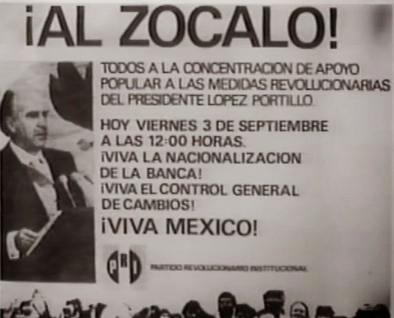 Volante que invitaba a celebrar la nacionalización de la banca de José López Portillo en 1982