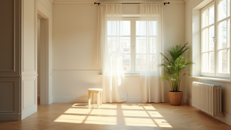 Wide angle view of a bright room with sunlit windows