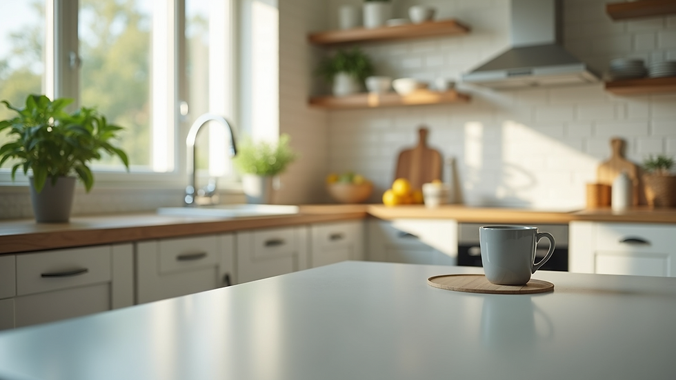 Close-up view of a bright, well-maintained kitchen