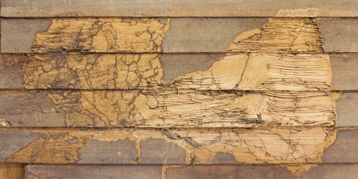 Termite damage is evident on a wooden wall