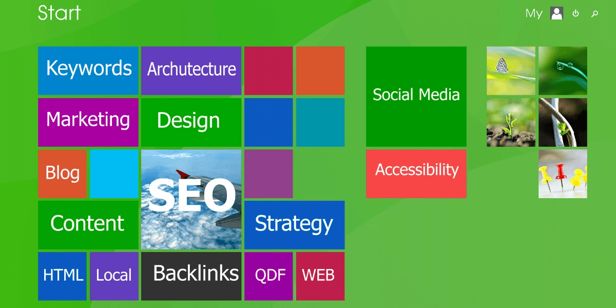 A laptop/desktop screen showing key technical SEO elements, such as site structure, existing content, and relevant keywords