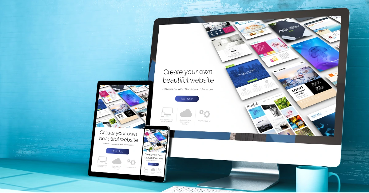 A computer with the front page of a website builder platform open